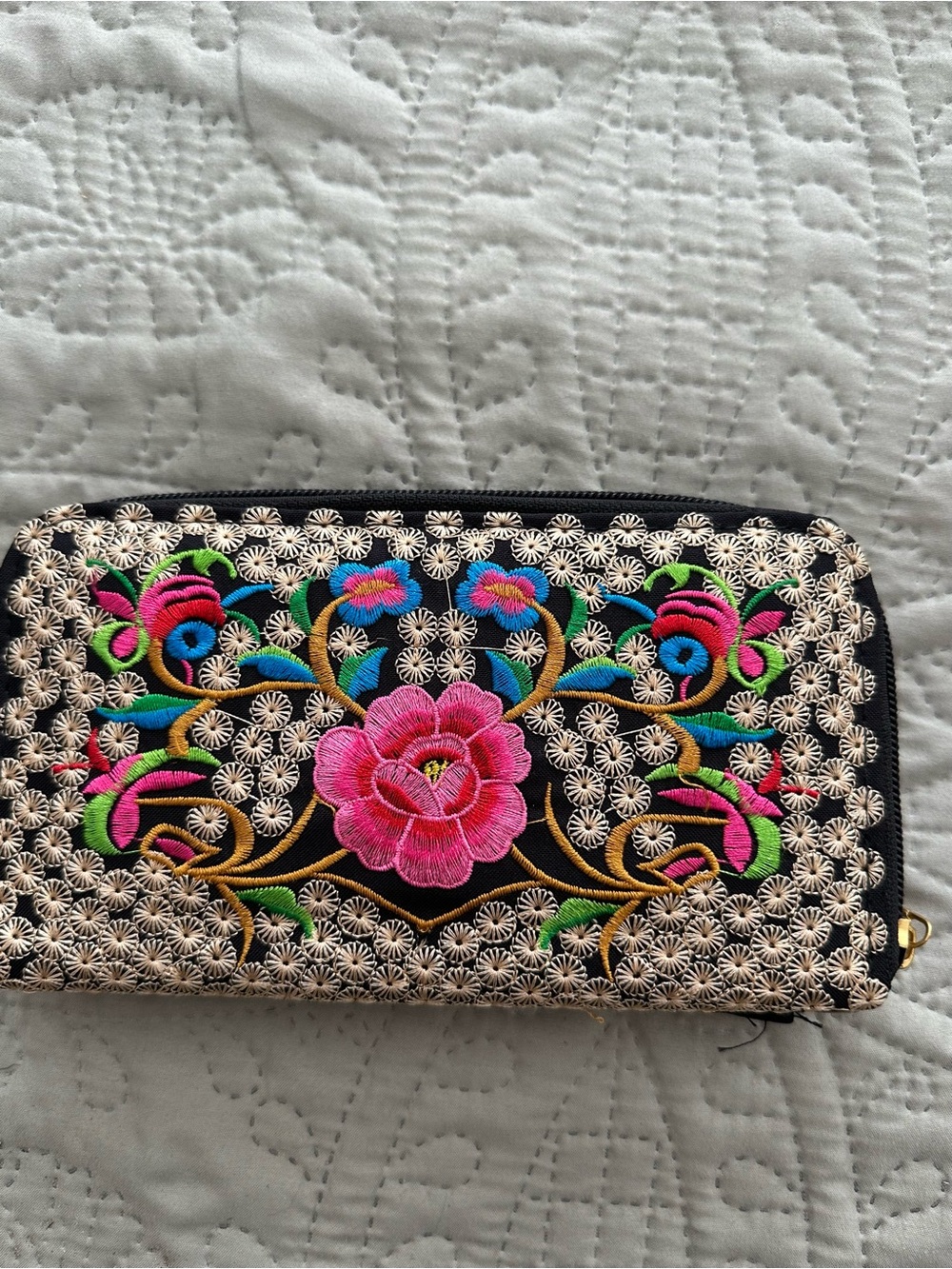 Embroidered Floral Zip Wallet Phone Case Black with Pink Rose